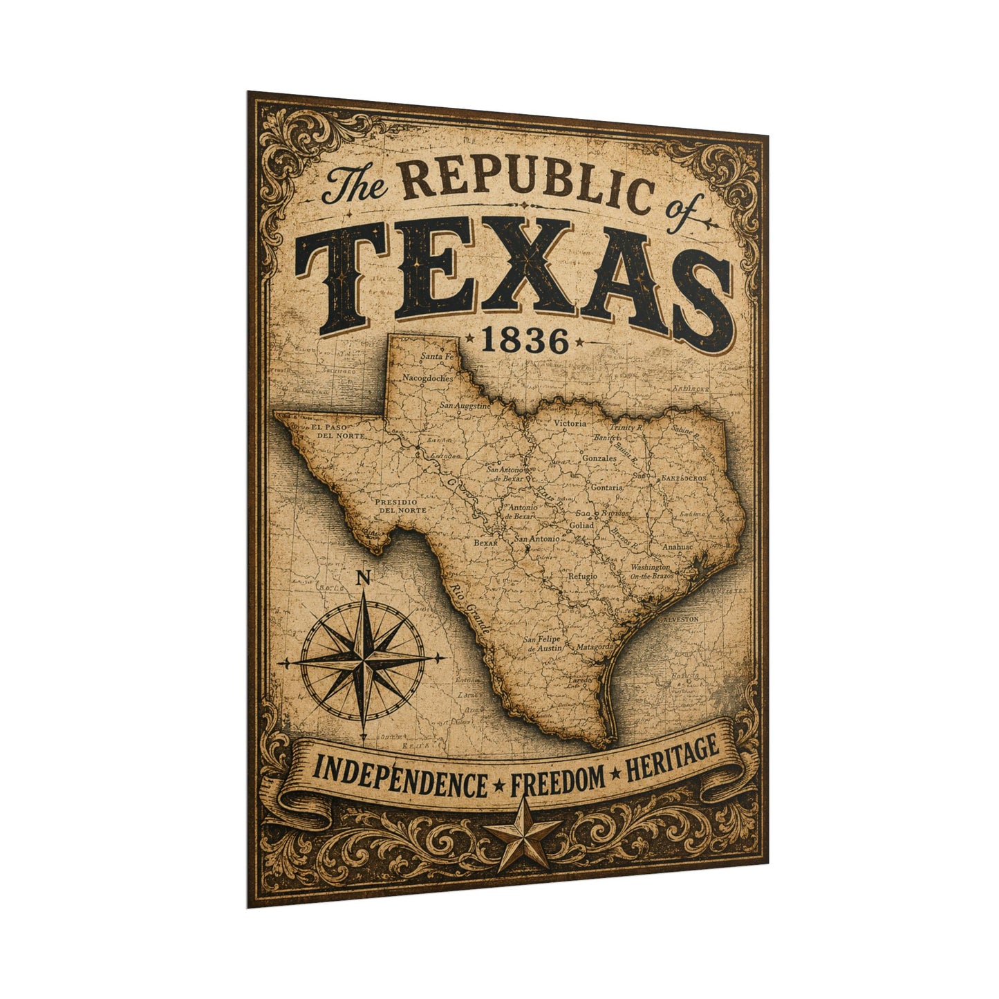 Republic of Texas Vintage Map Poster — Rolled Wall Art (Independence • Freedom • Heritage)
