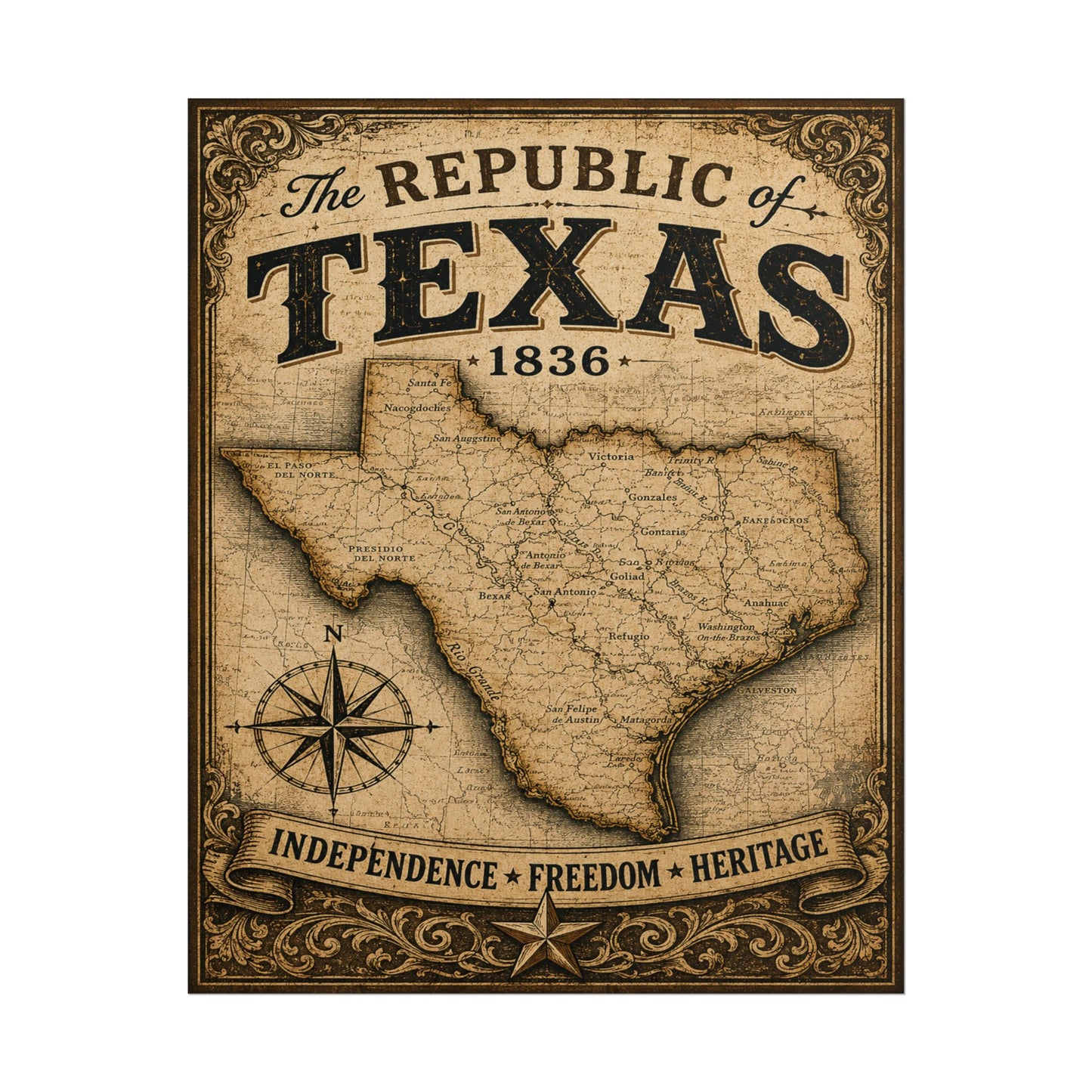 Republic of Texas Vintage Map Poster — Rolled Wall Art (Independence • Freedom • Heritage)